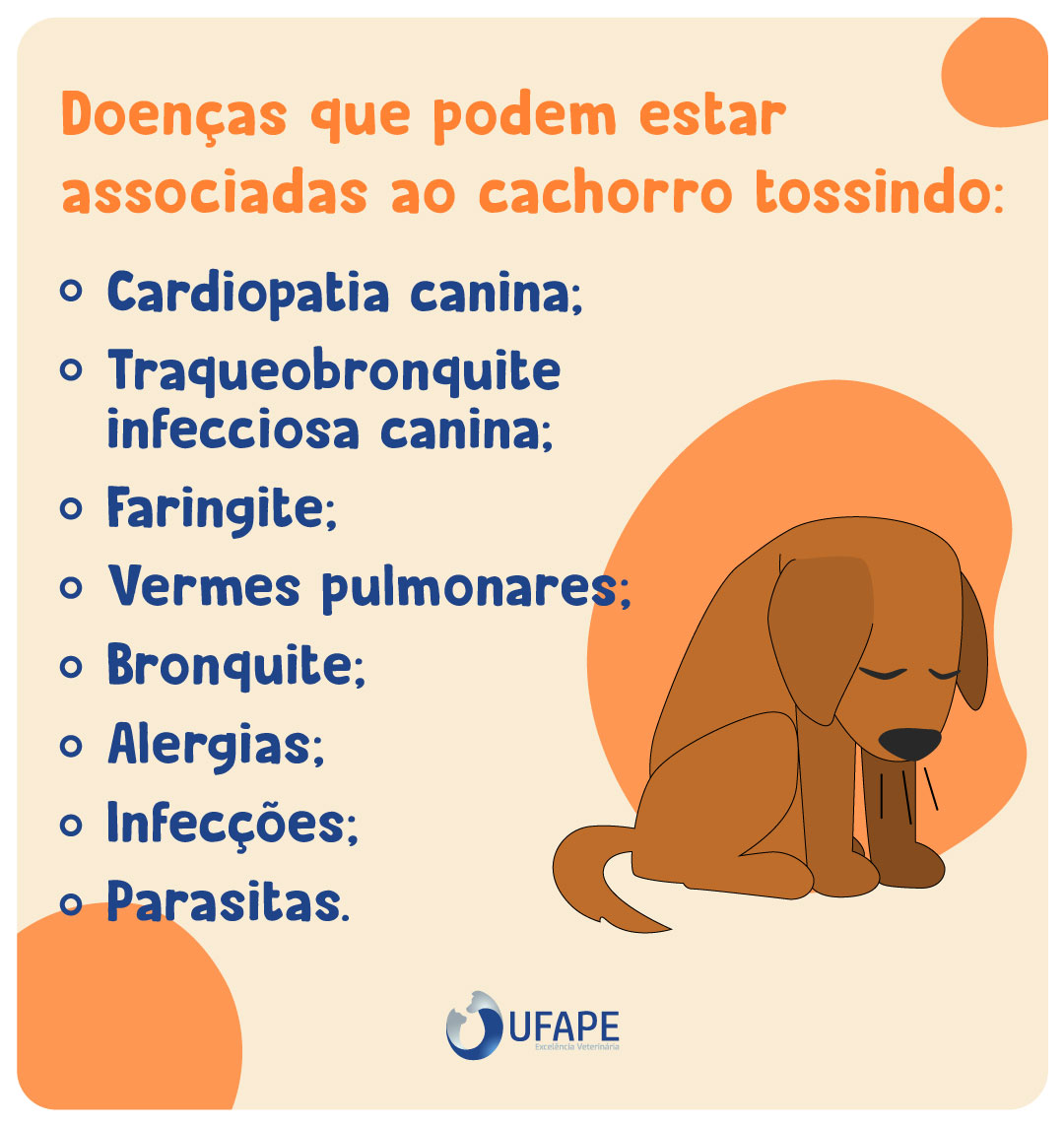 Doenças que podem estar associadas ao cachorro tossindo: - Cardiopatia canina; - Traqueobronquite infecciosa canina; - Faringite; - Vermes pulmonares; - Bronquite; - Alergias; - Infecções; Parasitas. 